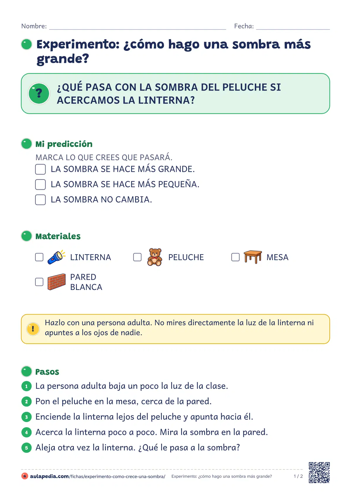 Primera página de la ficha «¿Cómo crece una sombra?»: acercar y alejar la luz para ver crecer la sombra y dibujarla. Con guía docente.