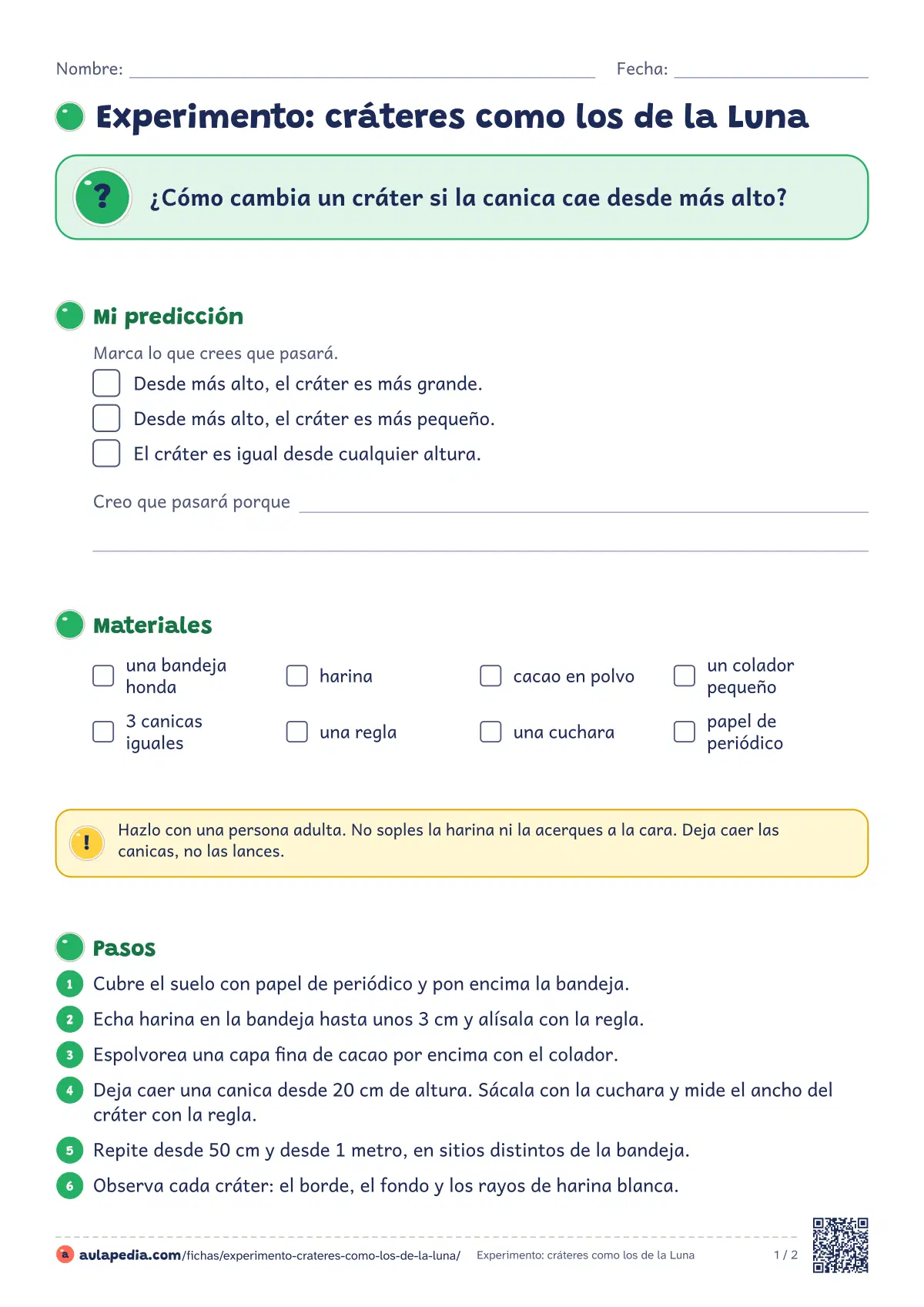Primera página de la ficha «Cráteres de la Luna en una bandeja»: dejar caer canicas en una bandeja de harina desde distintas alturas y medir los cráteres. Variables, registro y guía docente.