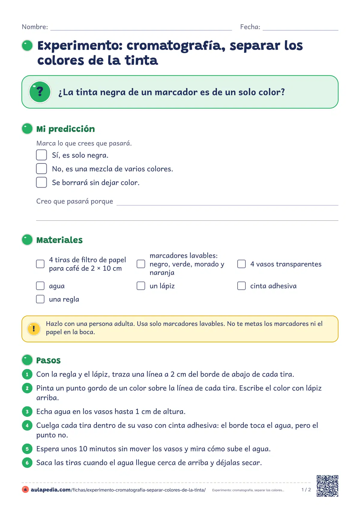 Primera página de la ficha «Cromatografía con marcadores»: tiras de filtro para café, marcadores lavables y agua para separar los colores de una tinta. Registro y guía docente.
