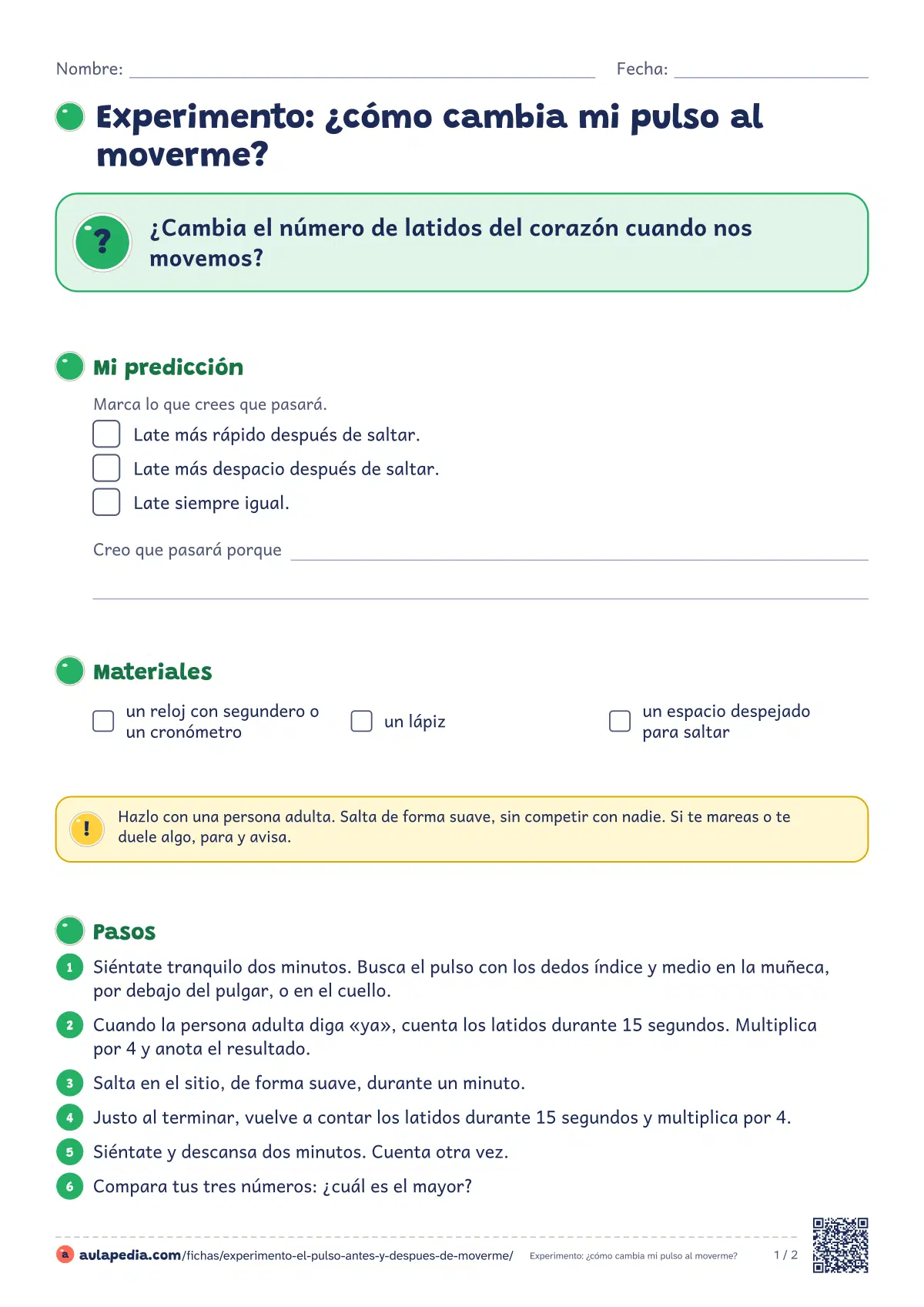 Primera página de la ficha «Mi pulso en reposo y al moverme»: tomar el pulso en reposo, después de saltar un minuto y tras descansar, registrarlo y dibujar un gráfico. Con guía docente.