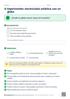 Primera hoja de la ficha «Electricidad estática con un globo»