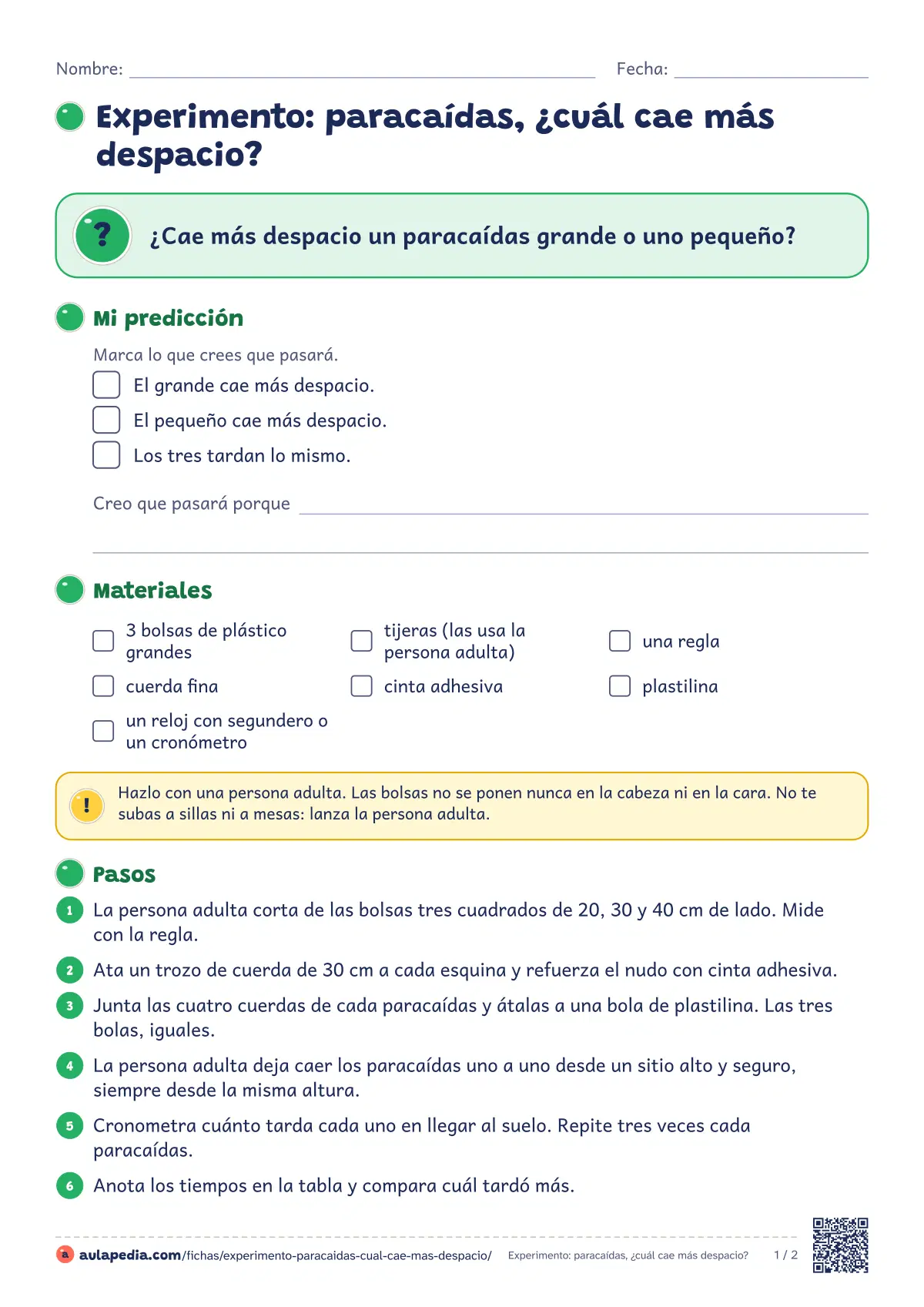Primera página de la ficha «¿Qué paracaídas cae más despacio?»: tres paracaídas de bolsa de distinto tamaño, una prueba justa y una tabla de tiempos. Gravedad y resistencia del aire, con guía.