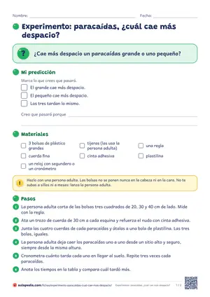 Primera hoja de la ficha «¿Qué paracaídas cae más despacio?»