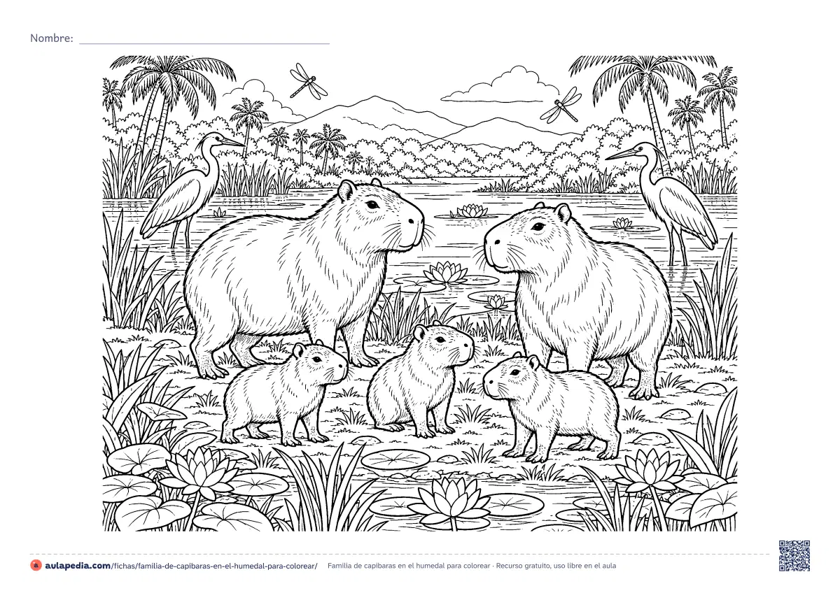 Primera página de la ficha «Familia de capibaras en el humedal»: dos capibaras adultas y tres crías en un humedal con garzas, libélulas, nenúfares y palmeras. Dibujo detallado para colorear.