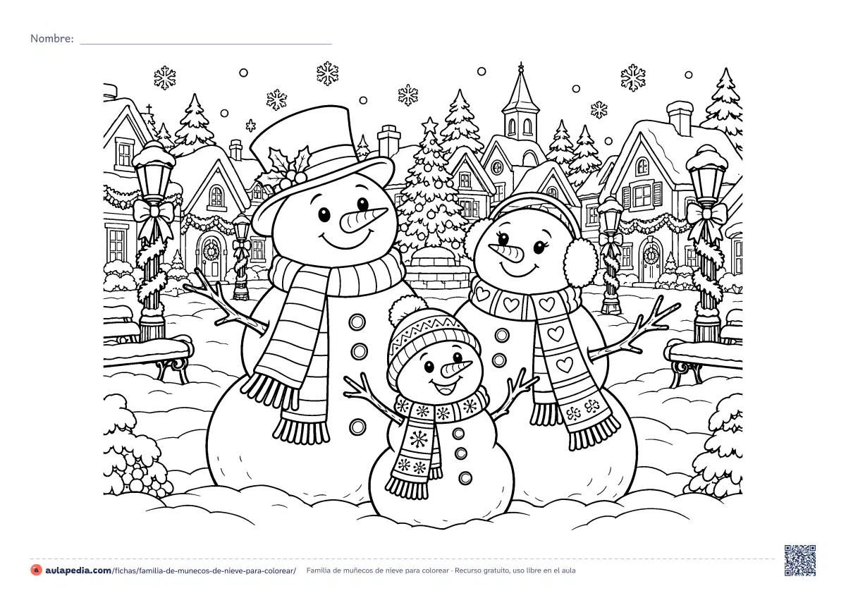 Primera página de la ficha «Familia de muñecos de nieve»: tres muñecos de nieve con sombrero, orejeras y gorro posan en una plaza con farolas, casas y árbol decorado. Detallada.