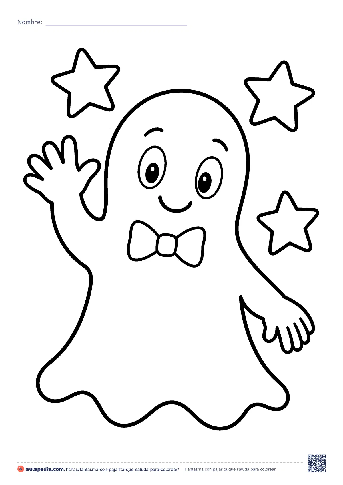 Primera página de la ficha «Fantasma con pajarita que saluda»: un fantasma simpático con pajarita saluda con la mano, entre tres estrellas. Dibujo muy fácil para colorear en Halloween, sin nada que asuste.