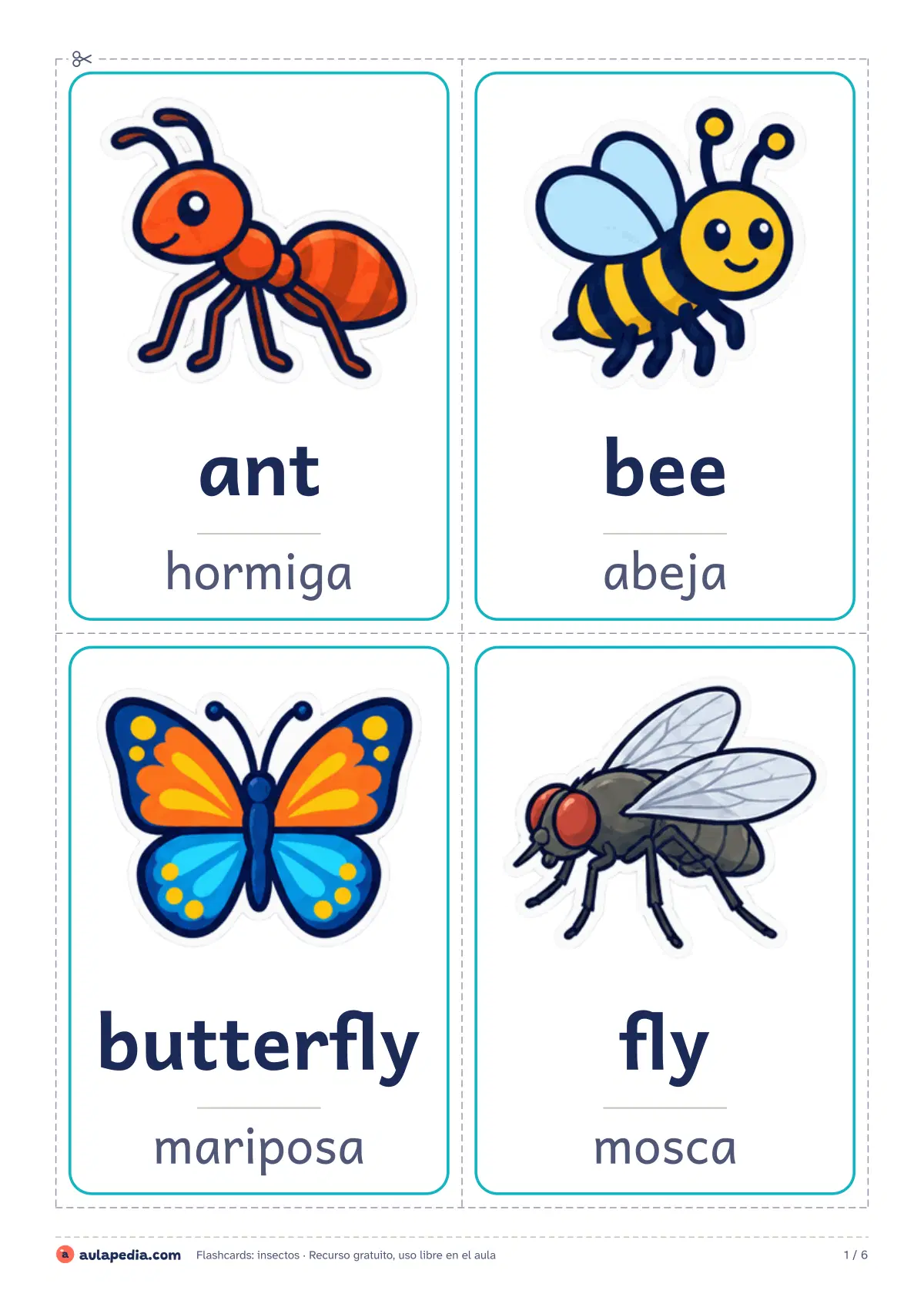 Primera página de la ficha «Flashcards: insectos (México)»: la lectura empieza «Look! A ladybug on the leaf. Grasshoppers can jump very far. The firefly glows at night. Bees make…»