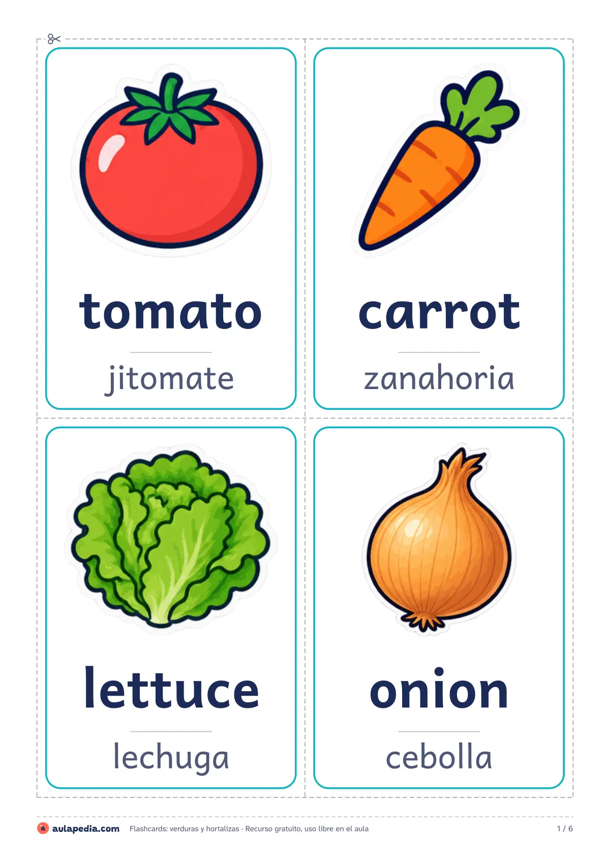 Primera página de la ficha «Flashcards: verduras y hortalizas (México)»: la lectura empieza «We need tomatoes for the salsa. The eggplant is purple. I like carrots and cucumbers. Is the pepper…»