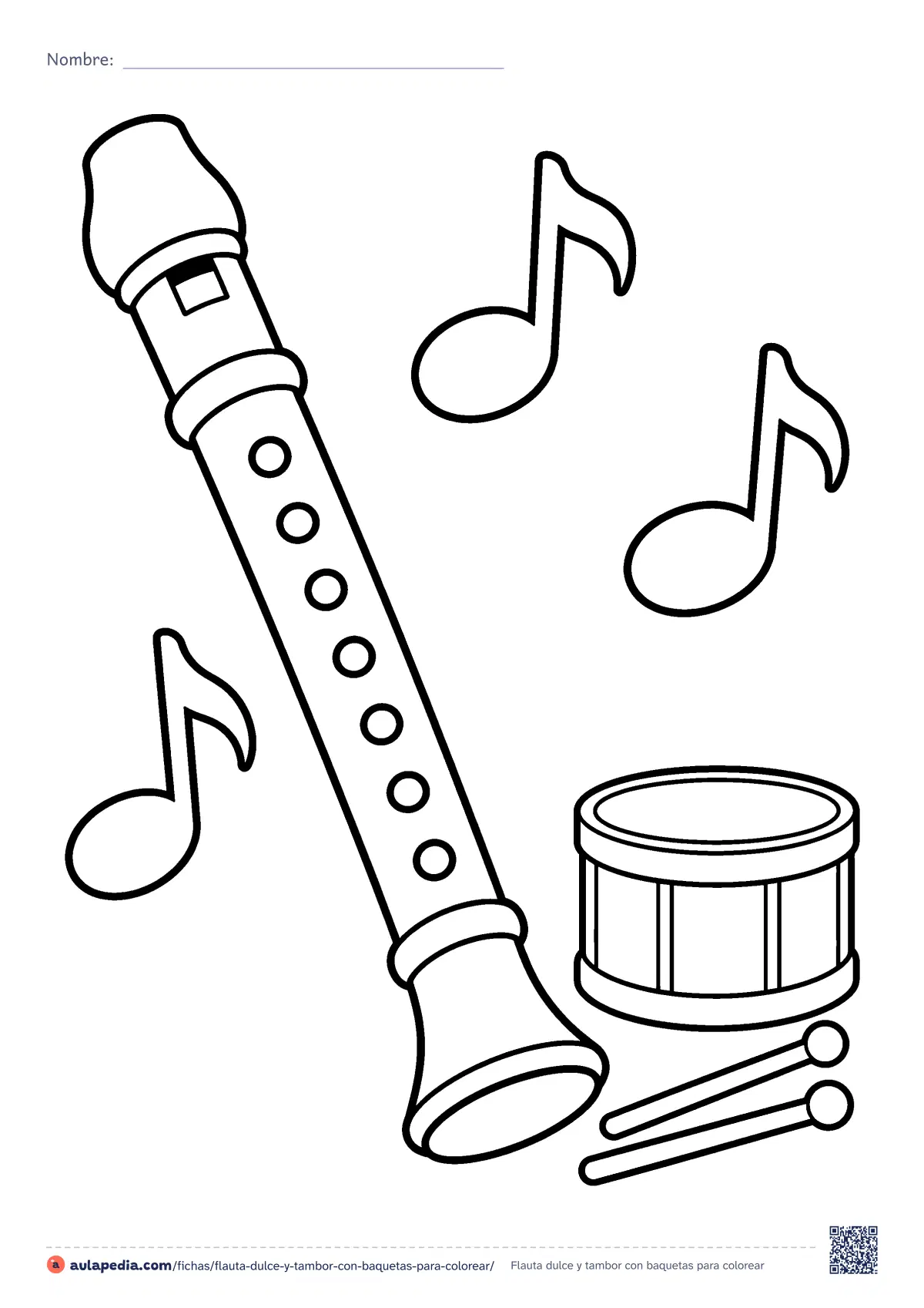 Primera página de la ficha «Flauta dulce y tambor con baquetas»: una flauta dulce con sus siete agujeros, un tambor con dos baquetas y tres notas musicales grandes. Dibujo fácil para colorear, de trazo grueso.