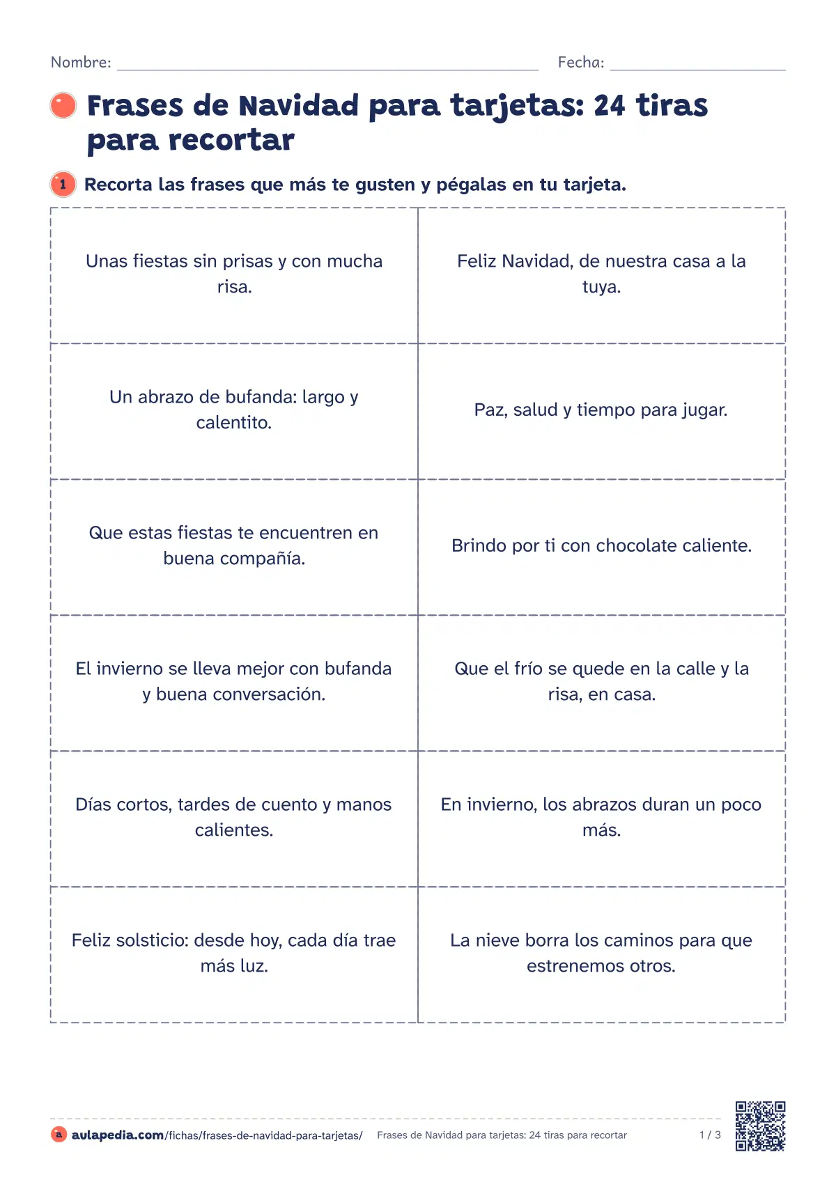 Primera página de la ficha «Frases de Navidad para tarjetas: 24 tiras para recortar»: veinticuatro frases originales de Navidad, invierno y año nuevo en tiras para recortar y pegar en tarjetas, y una plantilla para escribir la tuya.