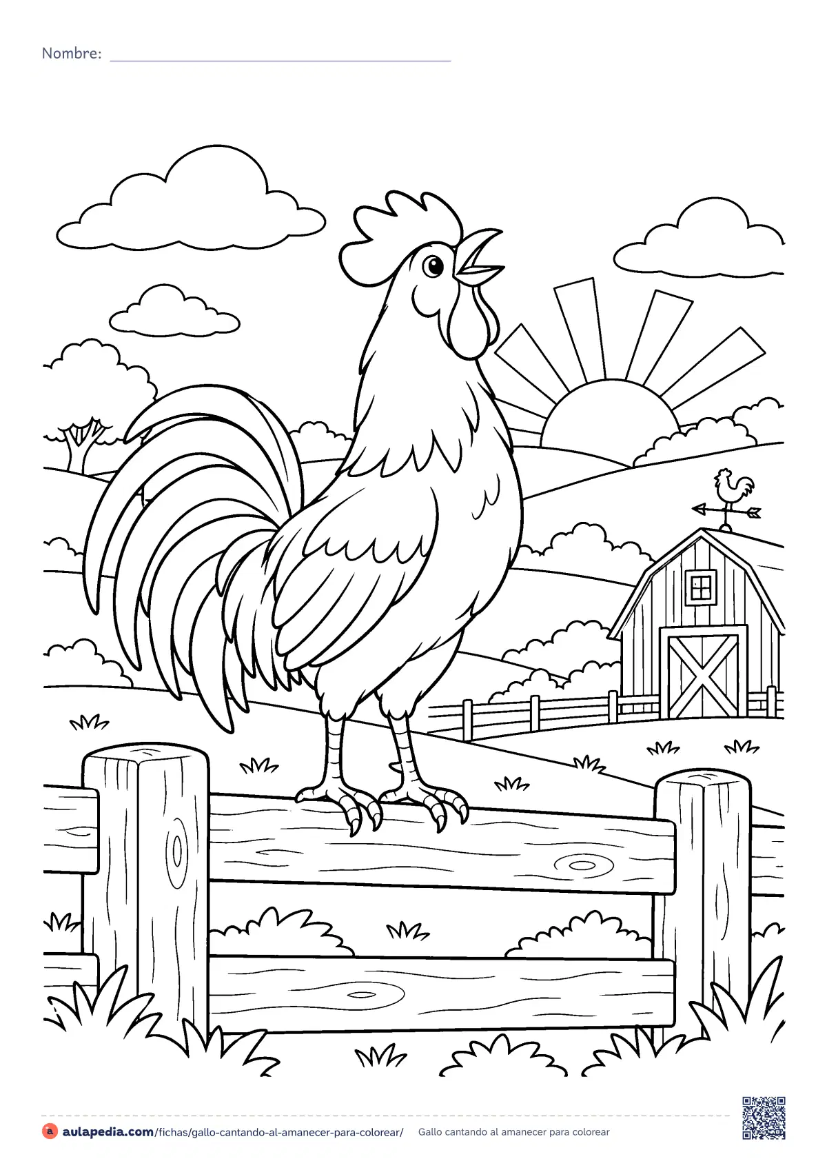 Primera página de la ficha «Gallo cantando al amanecer»: un gallo canta sobre una valla de madera mientras el sol asoma tras las colinas, junto a un granero con veleta. Para colorear e imprimir.