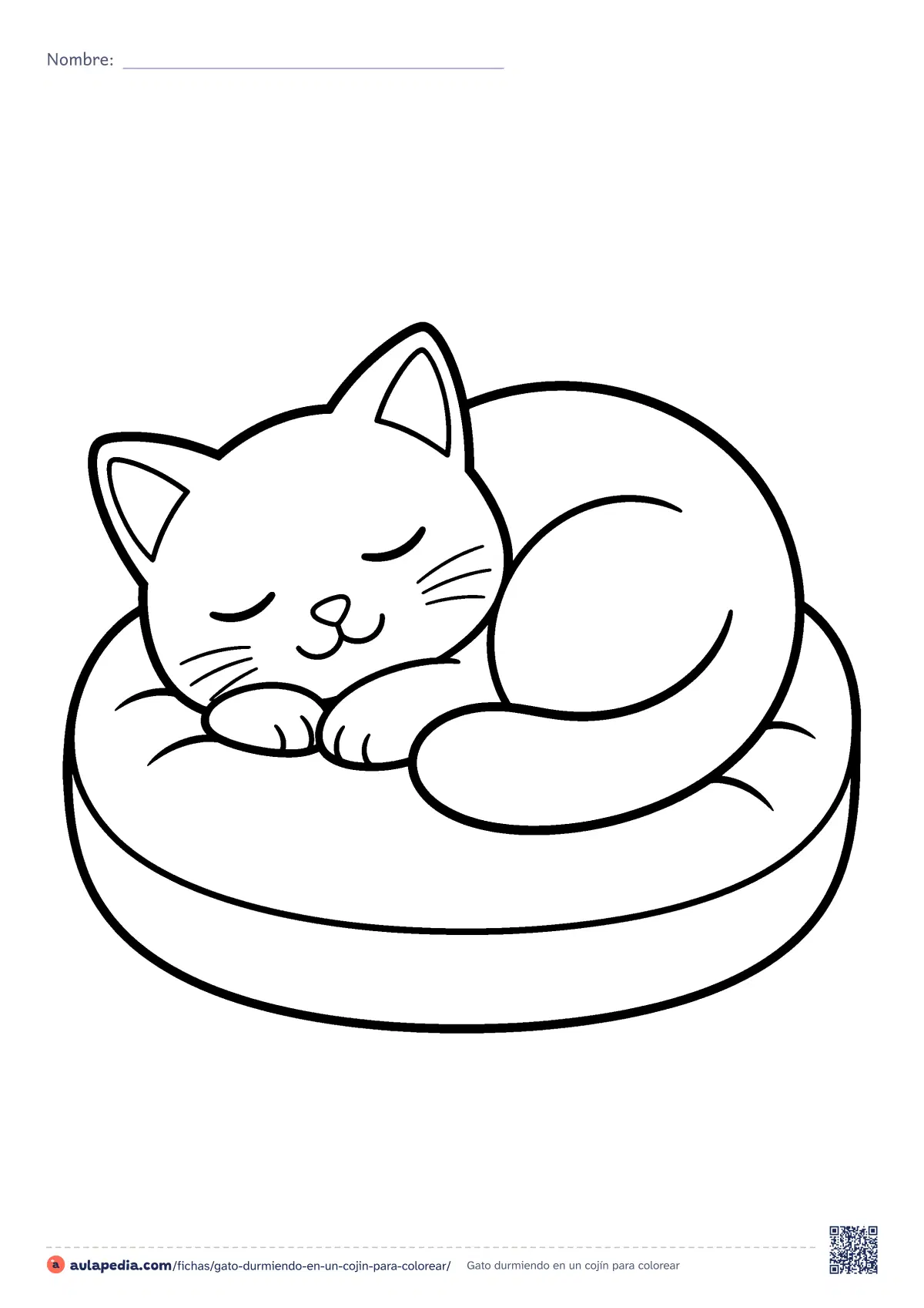 Primera página de la ficha «Gato durmiendo en un cojín»: un gato duerme hecho un ovillo sobre un cojín redondo. Lámina muy sencilla, con pocas zonas y trazo grueso, para colorear.