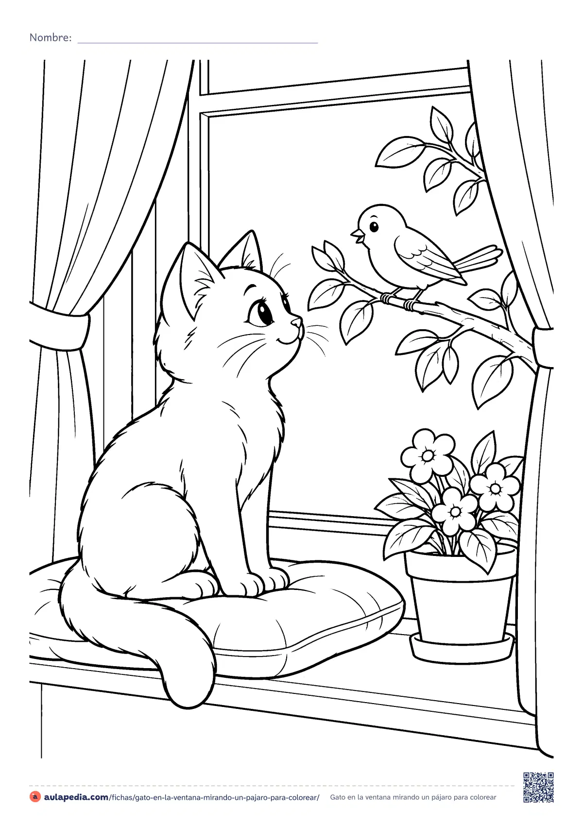 Primera página de la ficha «Gato en la ventana mirando un pájaro»: un gato sentado en el alféizar mira a un pájaro posado en una rama, entre cortinas y junto a una maceta con flores. Para colorear.