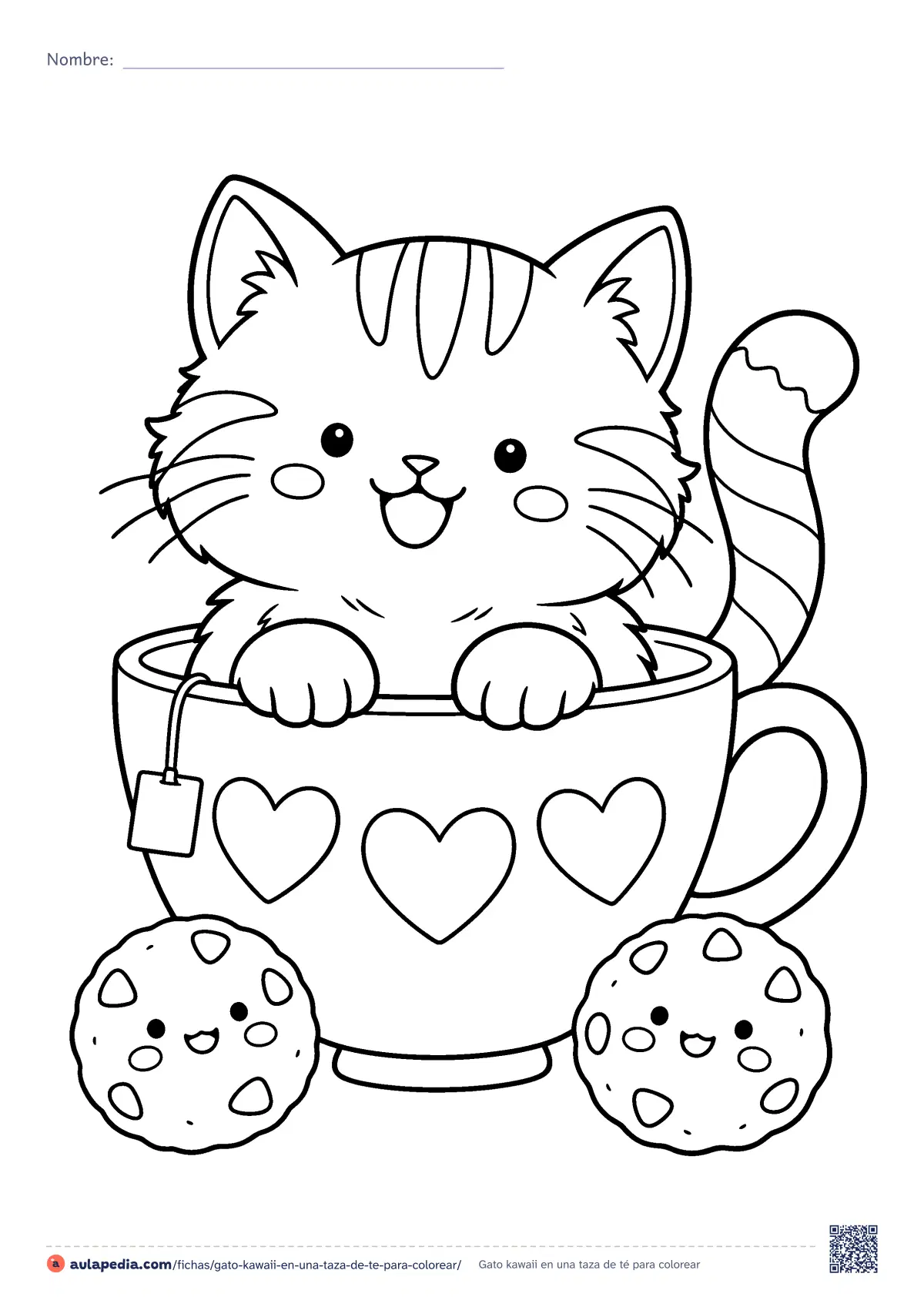 Primera página de la ficha «Gato kawaii en una taza de té»: un gatito atigrado asoma de una taza de té con tres corazones, junto a dos galletas con carita. Dibujo kawaii de dificultad media para colorear.