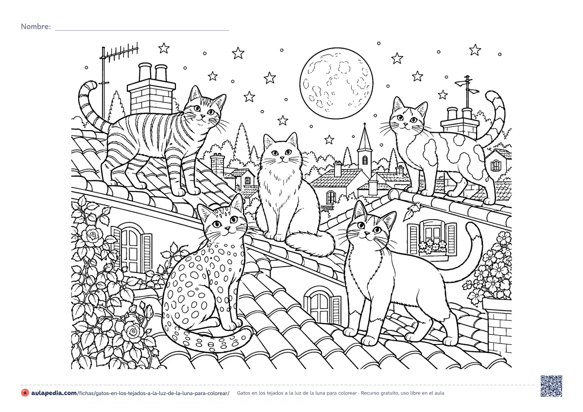 Primera página de la ficha «Gatos en los tejados a la luz de la luna»: cinco gatos distintos pasean por los tejados de un pueblo bajo la luna llena. Dibujo detallado para colorear e imprimir.