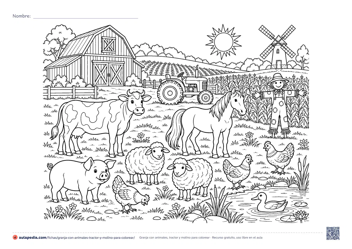 Primera página de la ficha «Granja con animales, tractor y molino»: granero, tractor, molino, espantapájaros y una vaca, un caballo, un cerdo, dos ovejas, tres gallinas y un pato. Dibujo detallado.