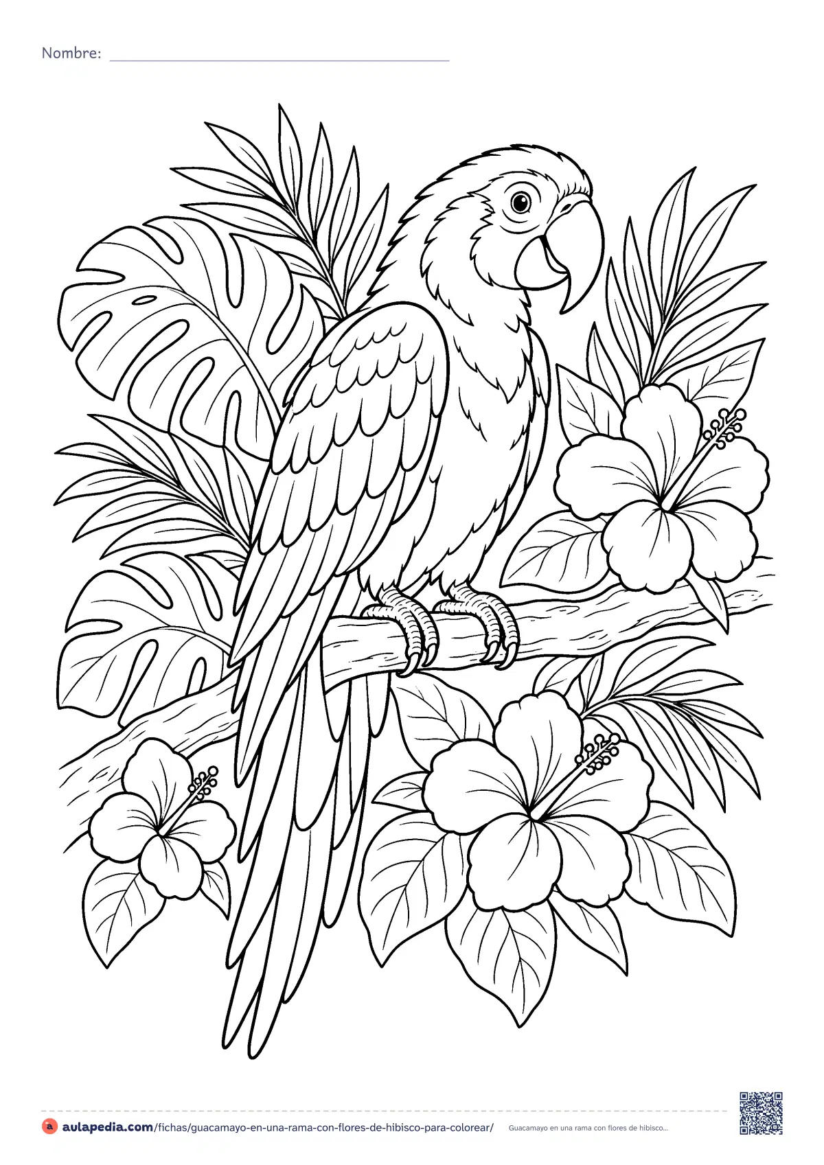 Primera página de la ficha «Guacamayo en una rama con flores de hibisco»: un guacamayo (guacamaya) de cola larga y pico curvo, posado entre hojas tropicales y tres hibiscos. Dibujo de dificultad media.