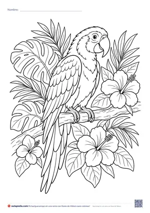 Vista previa de «Guacamayo en una rama con flores de hibisco»