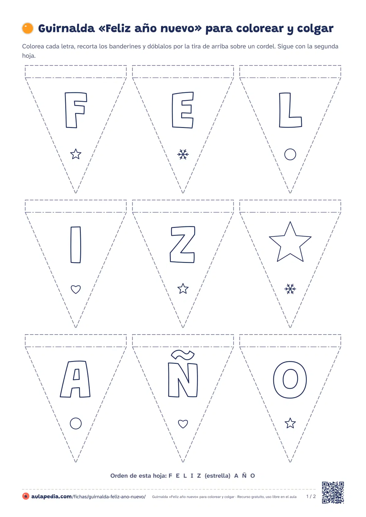 Primera página de la ficha «Guirnalda «Feliz año nuevo» para colorear y colgar»: una letra hueca por banderín para colorear, recortar y colgar en clase.