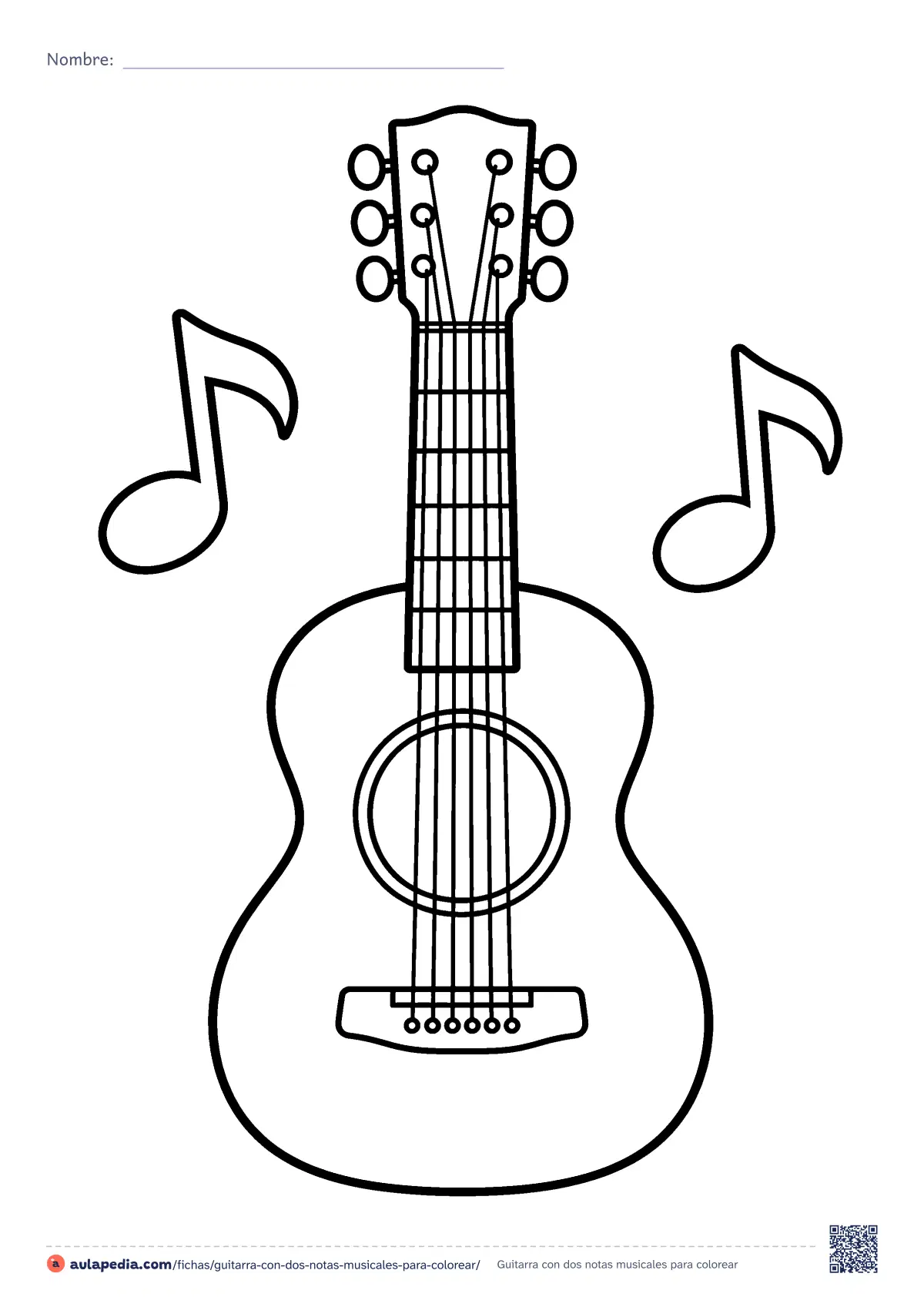 Primera página de la ficha «Guitarra con dos notas musicales»: una guitarra de frente, con sus seis cuerdas y sus seis clavijas, entre dos notas musicales. Dibujo fácil para colorear, de trazo grueso.