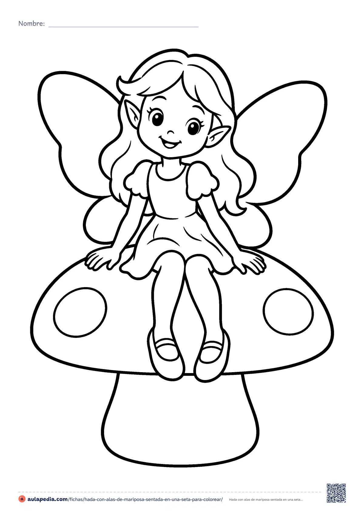 Primera página de la ficha «Hada con alas de mariposa sentada en una seta»: un hada con alas de mariposa, sentada en una seta de lunares. Dibujo fácil para colorear, de contorno grueso, para Infantil y preescolar.