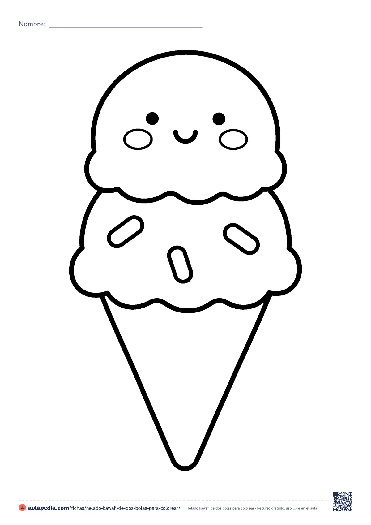 Primera página de la ficha «Helado kawaii de dos bolas»: un helado de cono con dos bolas y carita kawaii. Dibujo muy fácil para colorear, de pocas zonas y trazo grueso, para Infantil y preescolar.