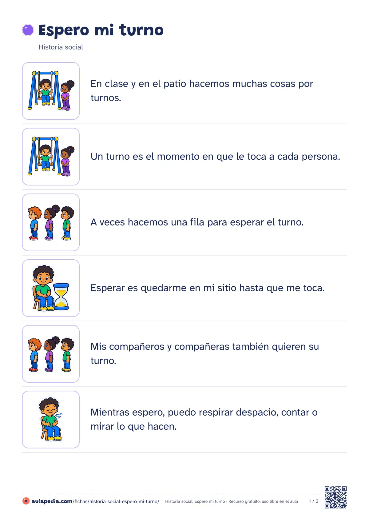 Primera página de la ficha «Espero mi turno»: la lectura empieza «En clase y en el patio hacemos muchas cosas por turnos. Un turno es el momento en que…»