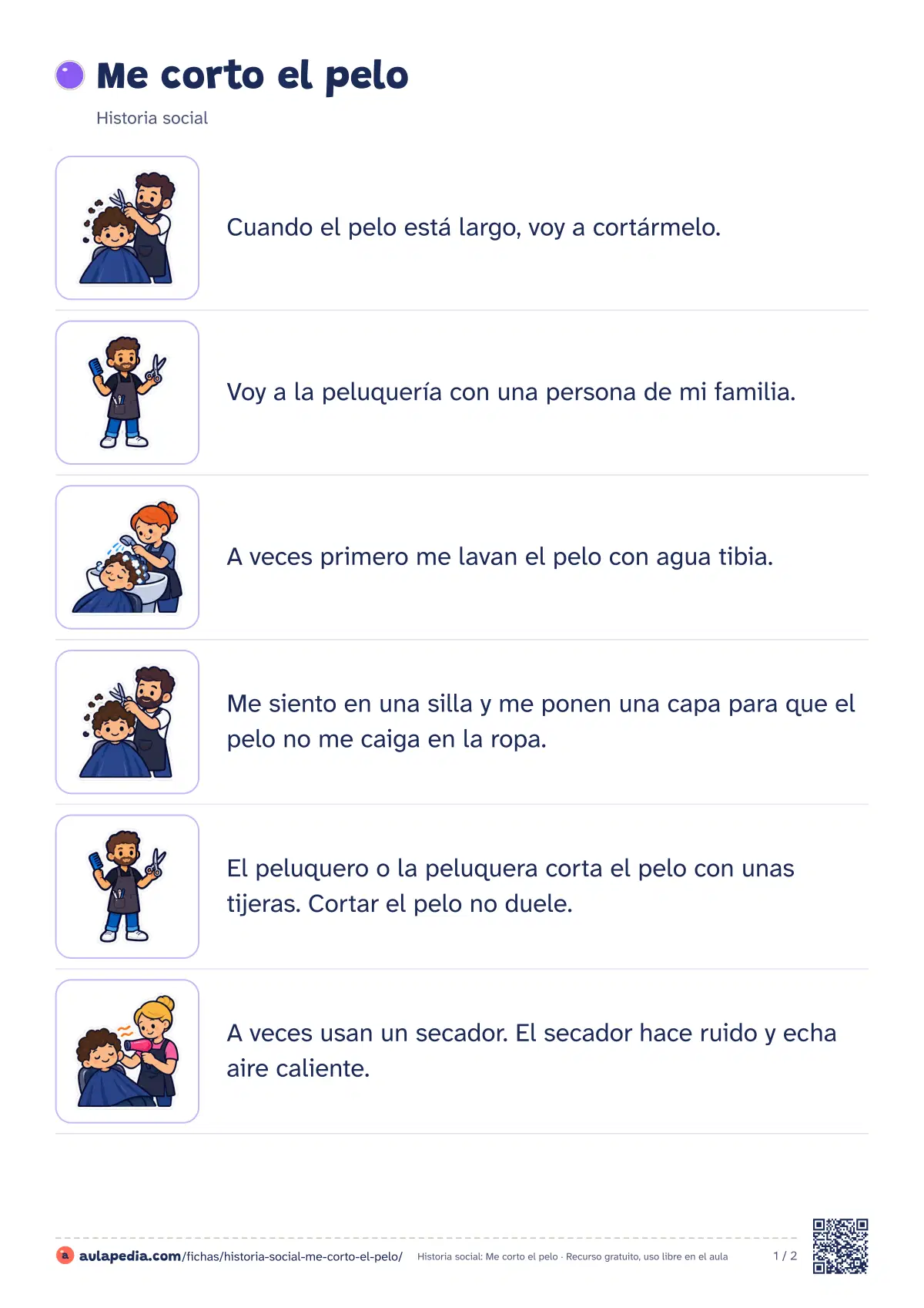 Primera página de la ficha «Me corto el pelo»: la lectura empieza «Cuando el pelo está largo, voy a cortármelo. Voy a la peluquería con una persona de mi familia…»