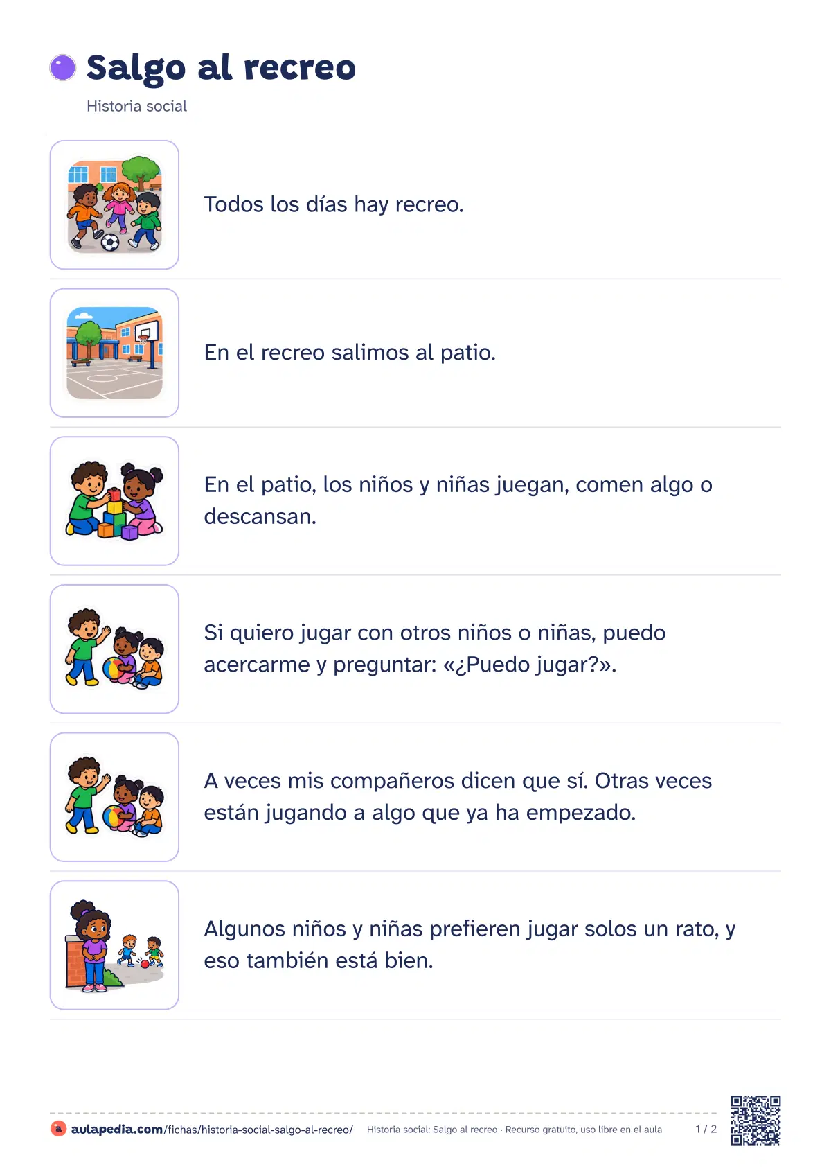 Primera página de la ficha «Salgo al recreo»: la lectura empieza «Todos los días hay recreo. En el recreo salimos al patio. En el patio, los niños y niñas…»