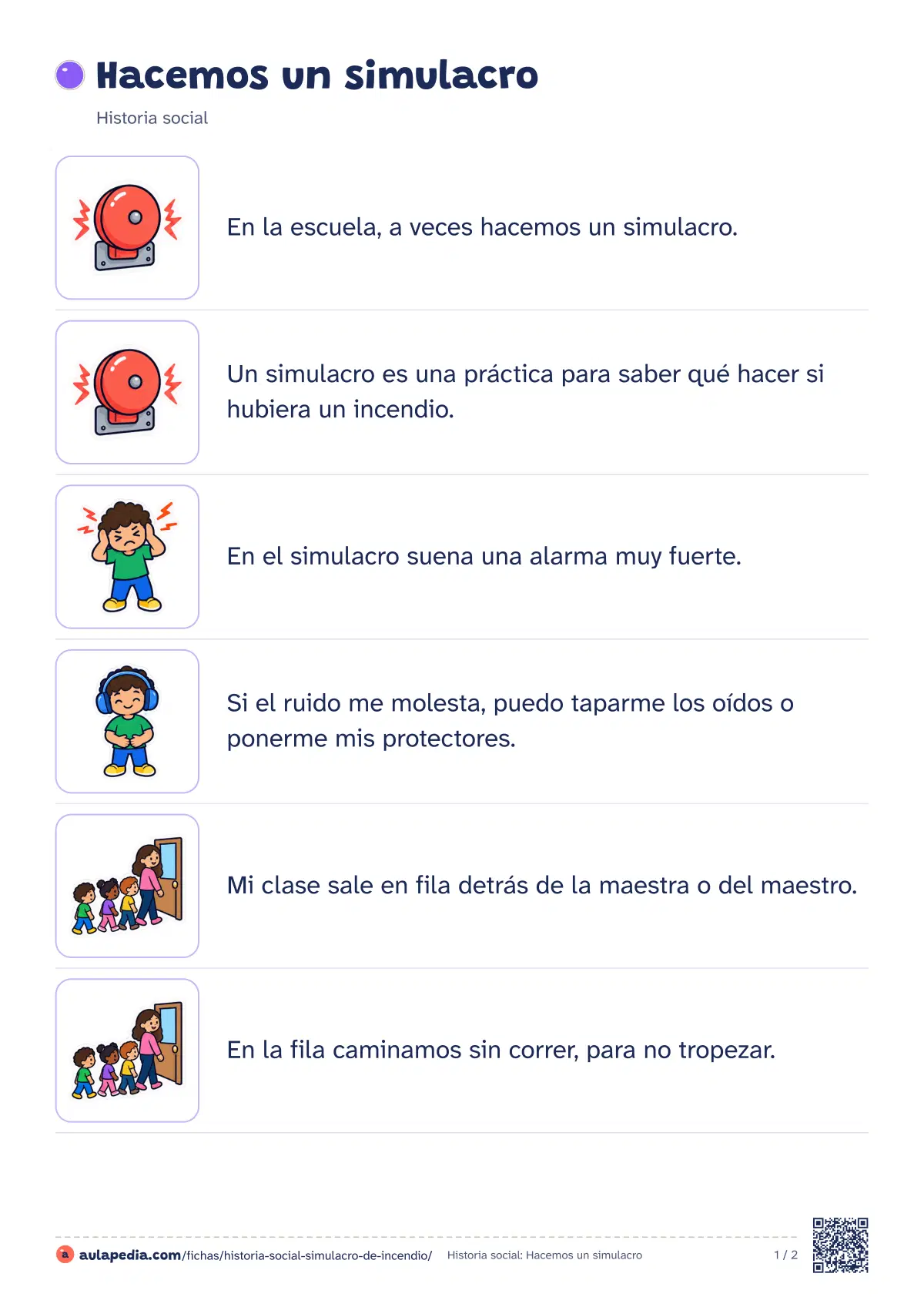 Primera página de la ficha «El simulacro de incendio»: la lectura empieza «En la escuela, a veces hacemos un simulacro. Un simulacro es una práctica para saber qué hacer si…»