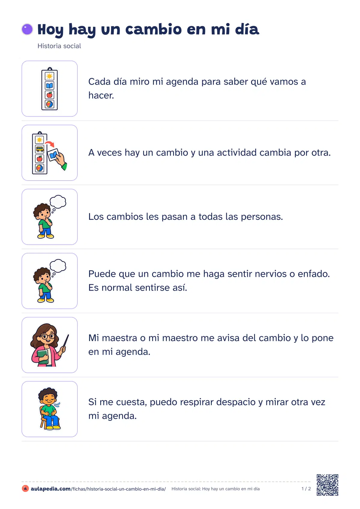 Primera página de la ficha «Un cambio en mi día»: la lectura empieza «Cada día miro mi agenda para saber qué vamos a hacer. A veces hay un cambio y una…»
