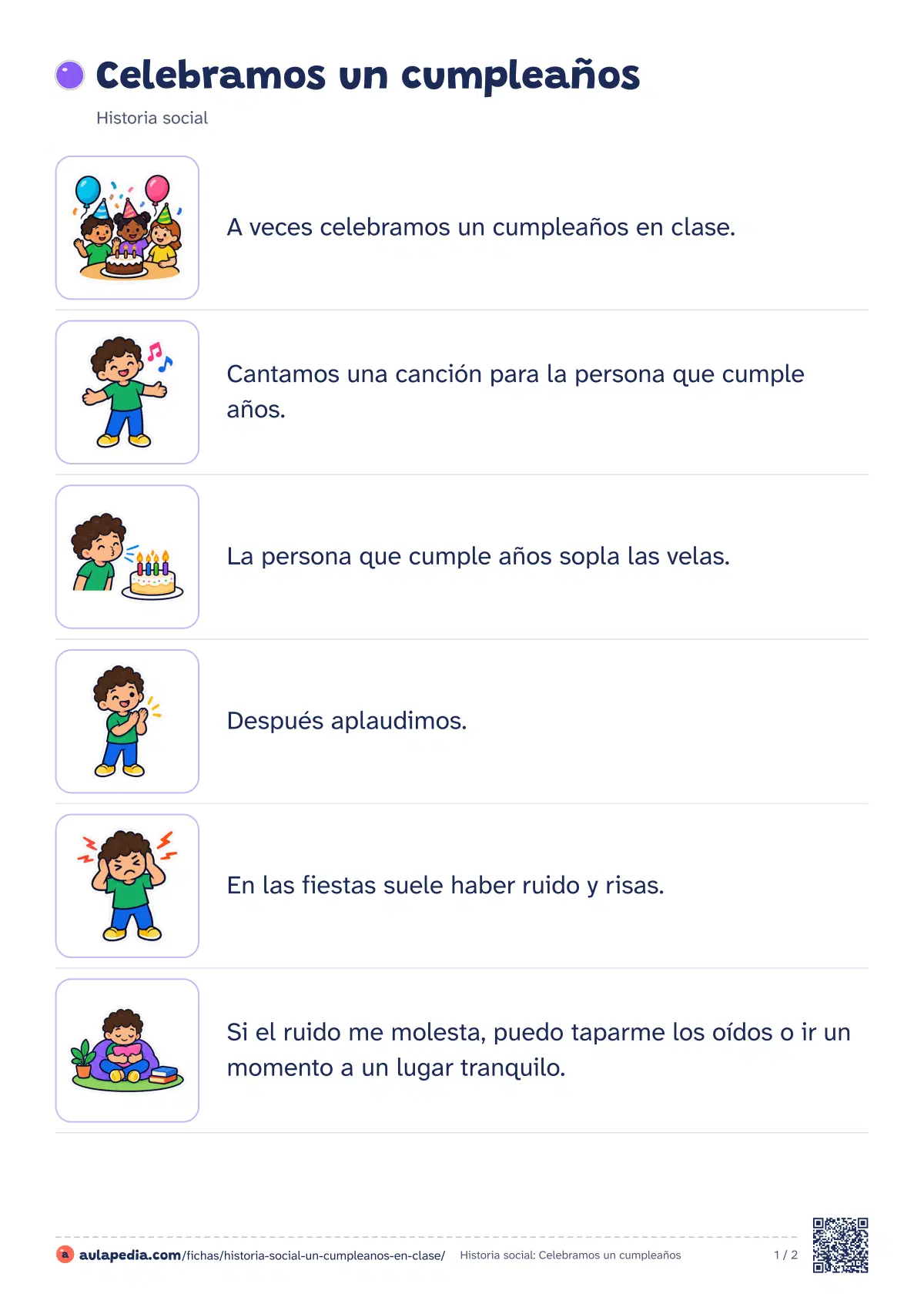 Primera página de la ficha «Un cumpleaños en clase»: la lectura empieza «A veces celebramos un cumpleaños en clase. Cantamos una canción para la persona que cumple años. La persona…»