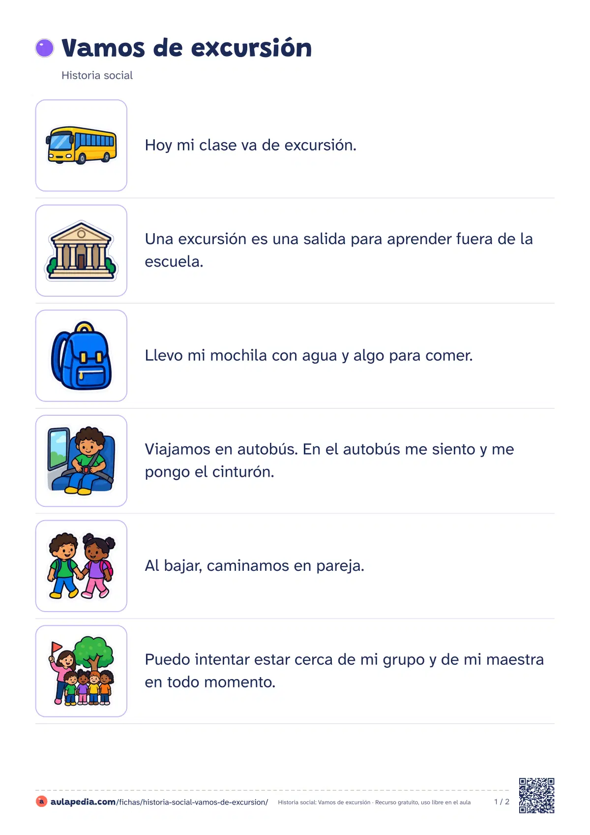 Primera página de la ficha «Vamos de excursión»: la lectura empieza «Hoy mi clase va de excursión. Una excursión es una salida para aprender fuera de la escuela. Llevo…»