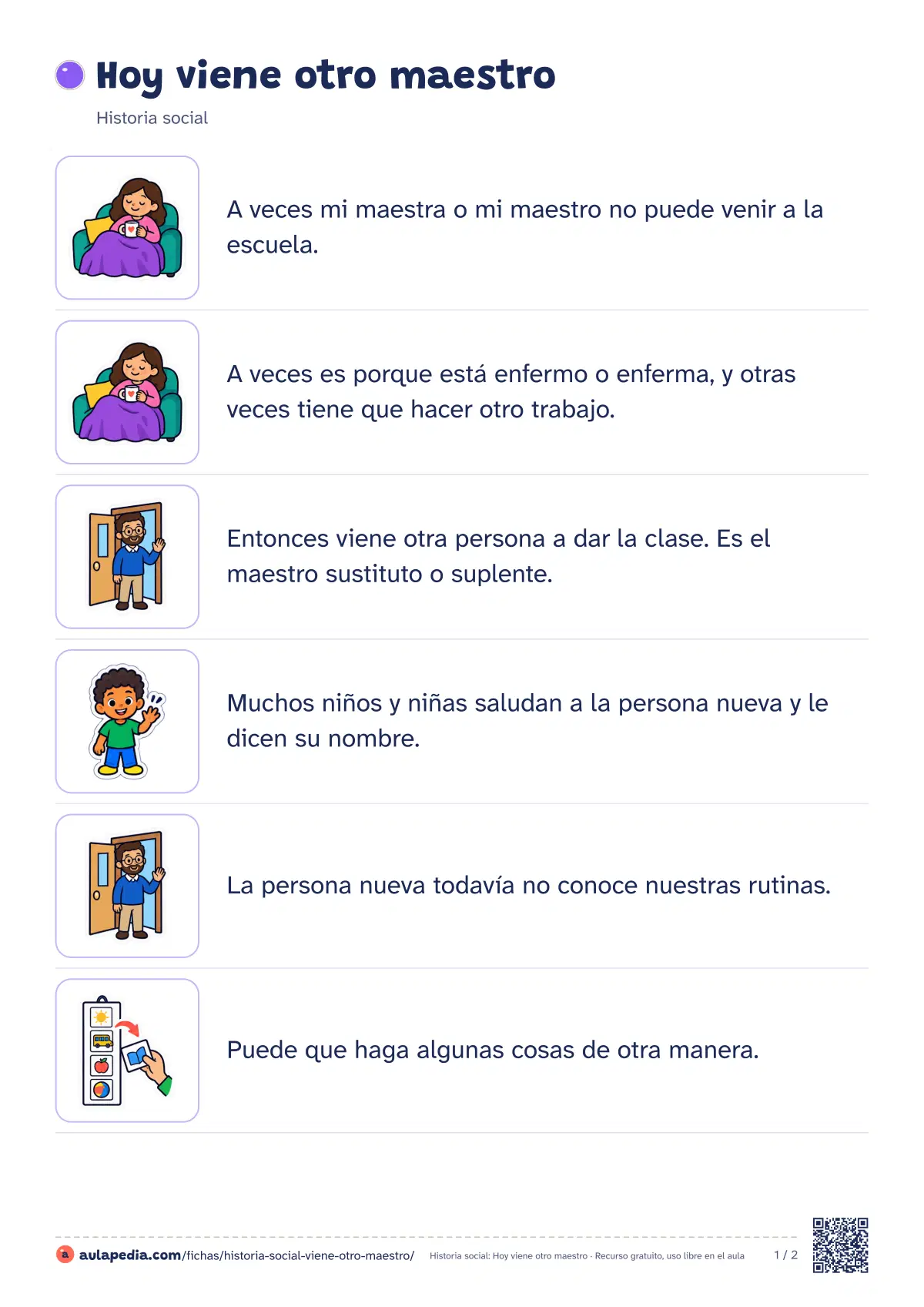 Primera página de la ficha «Viene un maestro sustituto»: la lectura empieza «A veces mi maestra o mi maestro no puede venir a la escuela. A veces es porque está…»
