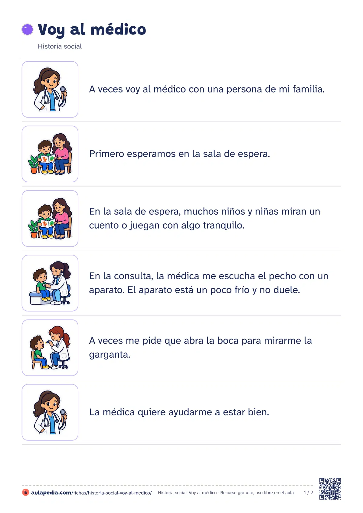 Primera página de la ficha «Voy al médico»: la lectura empieza «A veces voy al médico con una persona de mi familia. Primero esperamos en la sala de espera…»