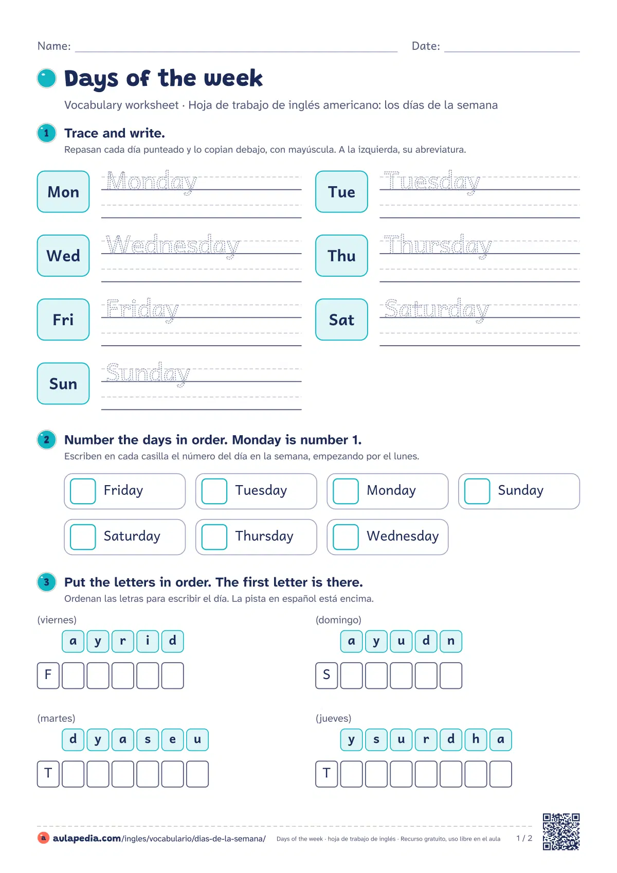 Primera página de la ficha «Days of the week (México)»: seis actividades de menos a más en dos hojas.