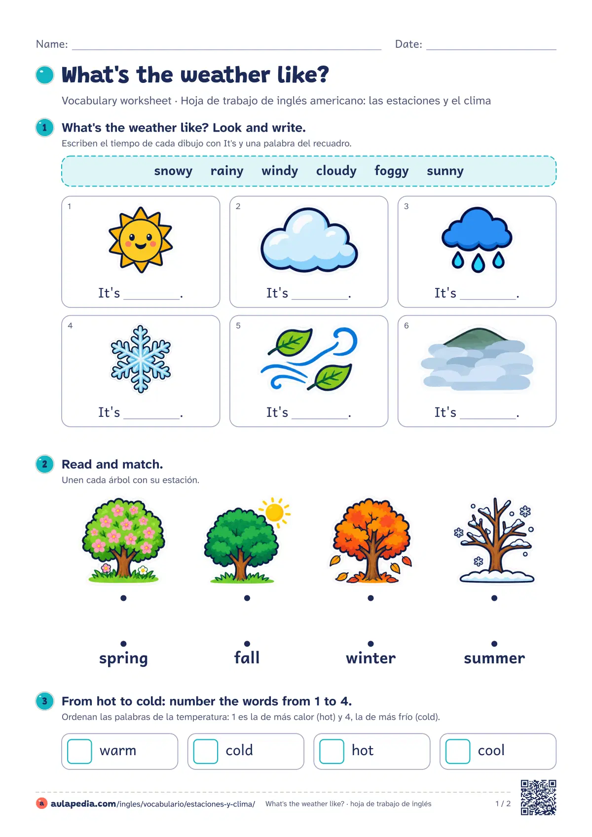Primera página de la ficha «What's the weather like? (México)»: seis actividades de menos a más en dos hojas.