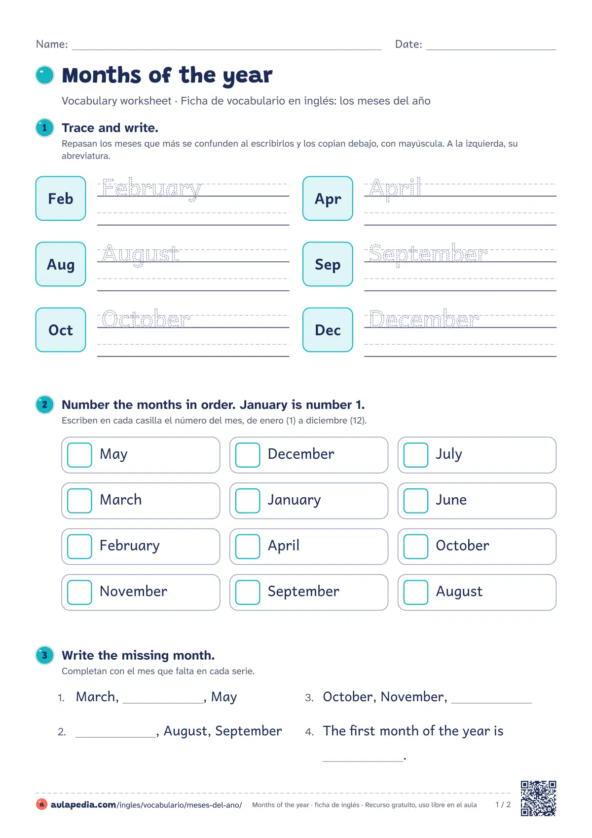 Primera página de la ficha «Months of the year»: seis actividades de menos a más en dos hojas.