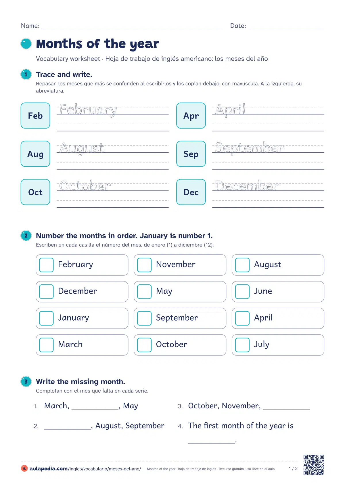Primera página de la ficha «Months of the year (México)»: seis actividades de menos a más en dos hojas.