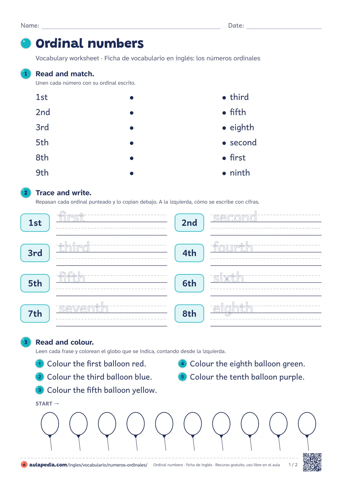 Primera página de la ficha «Ordinal numbers»: seis actividades de menos a más en dos hojas.