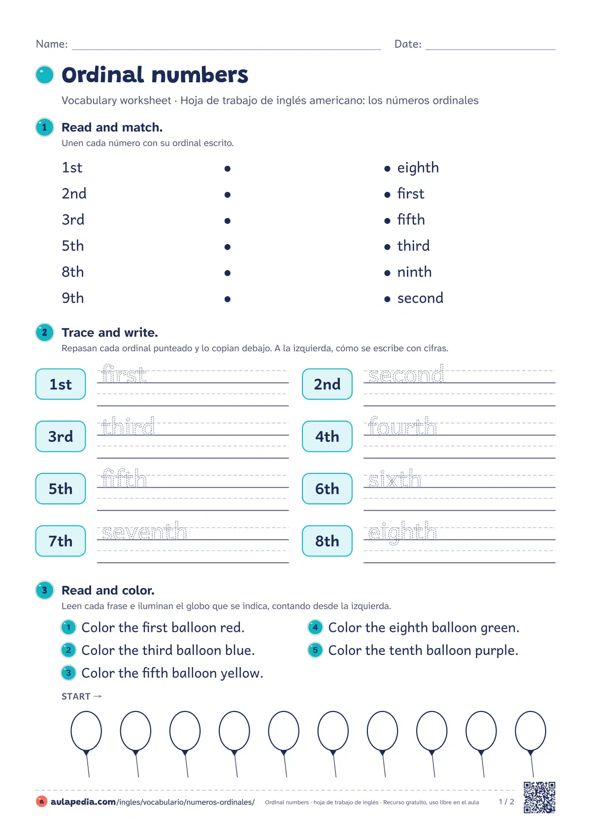 Primera página de la ficha «Ordinal numbers (México)»: seis actividades de menos a más en dos hojas.