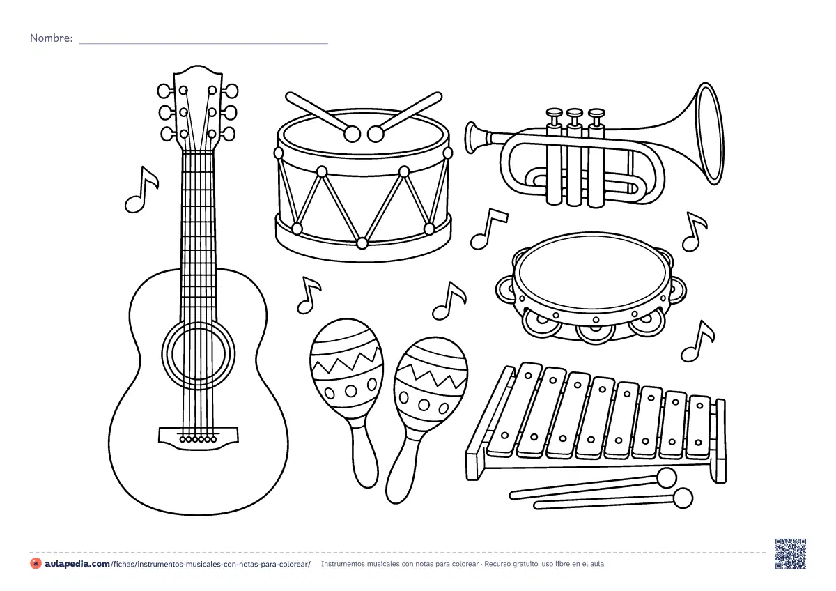 Primera página de la ficha «Instrumentos musicales con notas»: guitarra, tambor, trompeta, pandereta, maracas y xilófono, entre notas musicales. Hoja apaisada para colorear, de dificultad media.