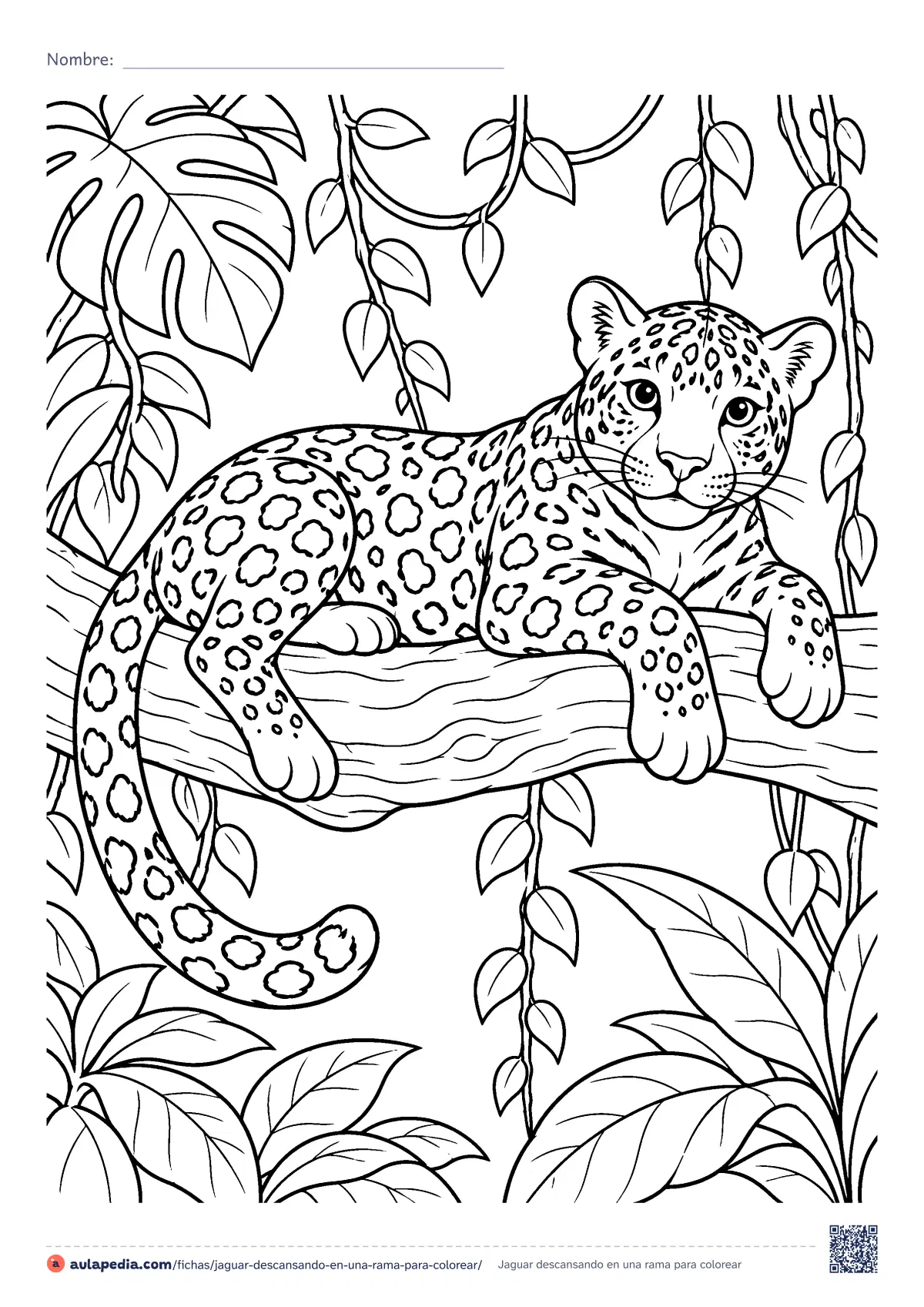 Primera página de la ficha «Jaguar descansando en una rama»: un jaguar con el pelaje lleno de rosetas descansa en una rama gruesa, entre lianas y hojas grandes. Para colorear e imprimir.