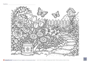 Vista previa de «Jardín en flor con regadera y mariposas»
