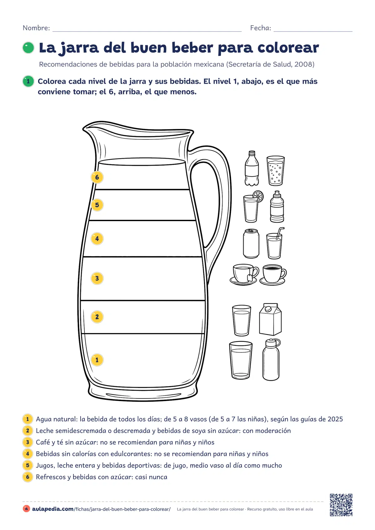 Primera página de la ficha «Jarra del buen beber para colorear»: seis niveles numerados con sus bebidas y lo que conviene tomar de cada uno.