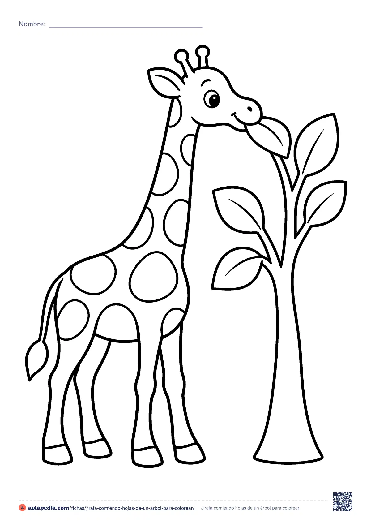 Primera página de la ficha «Jirafa comiendo hojas de un árbol»: una jirafa de manchas grandes y redondas muerde una hoja de un árbol pequeño. Dibujo sencillo de trazo grueso para colorear.