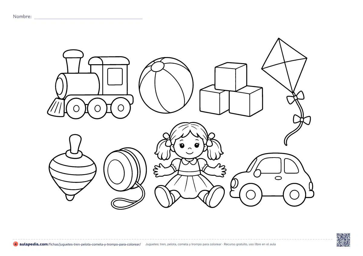 Primera página de la ficha «Juguetes: tren, pelota, cometa y trompo»: tren, pelota, cubos, cometa, trompo, yoyó, muñeca y carrito. Hoja apaisada para colorear, de dificultad media.