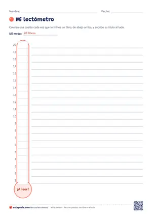 Lectómetro en forma de termómetro con veinte casillas numeradas y una línea para el título de cada libro