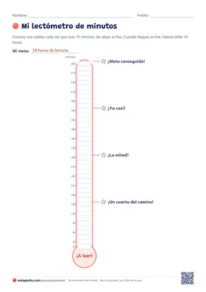 Lectómetro de minutos: Lectómetro por tiempo: 40 casillas de 15 minutos para colorear hasta llegar a 10 horas de lectura, con los minutos acumulados.