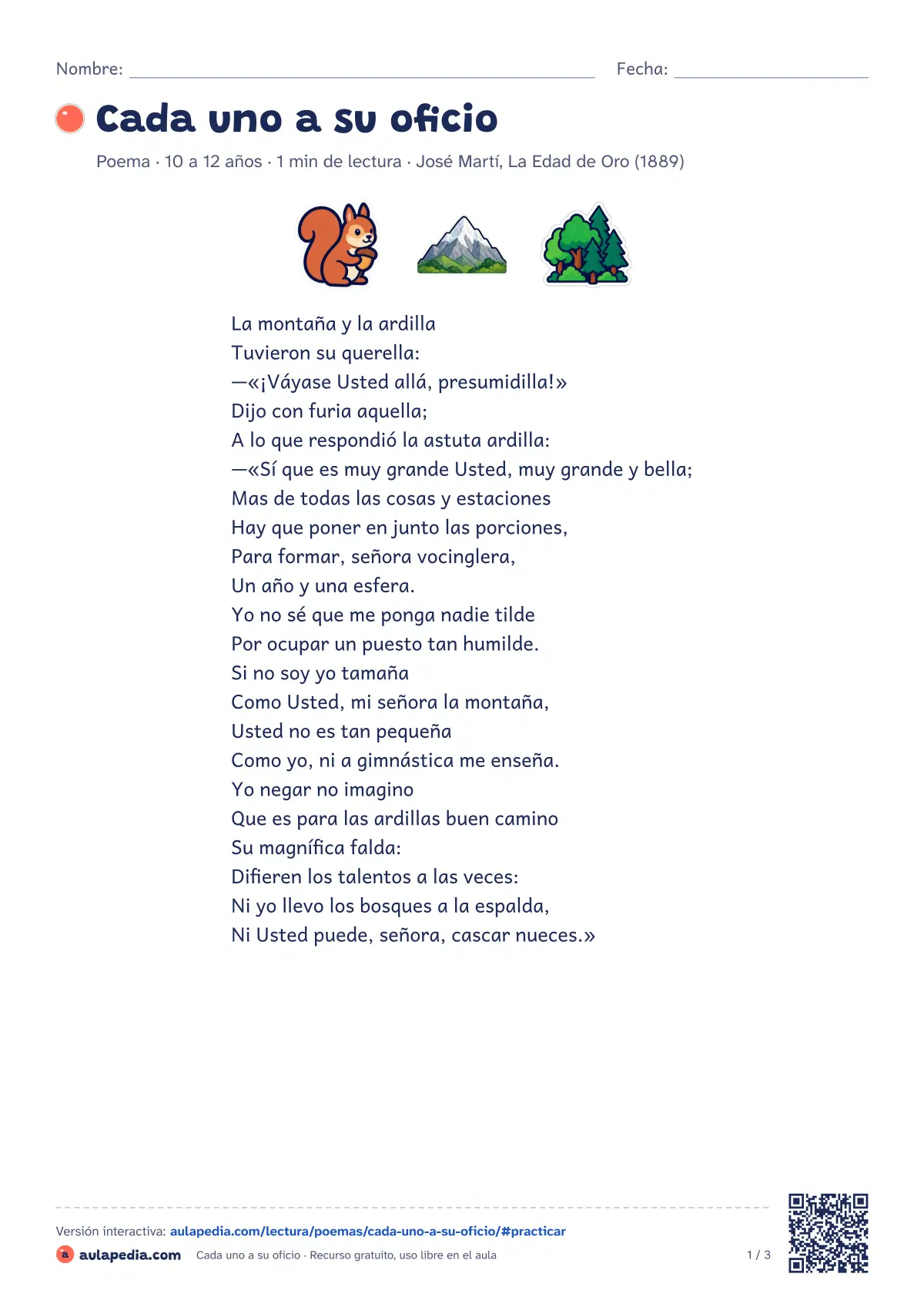 Primera página de la ficha «Cada uno a su oficio»: una montaña y una ardilla discuten sobre quién vale más.